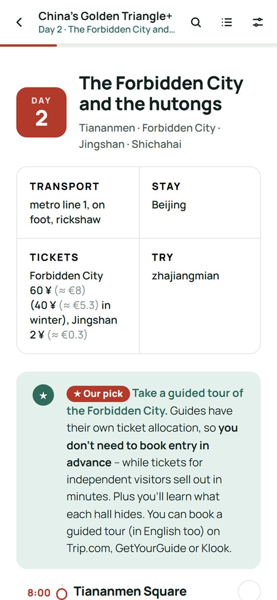 The time4china app: day 2 of the plan with tickets and prices converted to euros