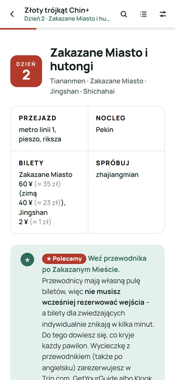Aplikacja time4china: dzień 2 planu z biletami i cenami przeliczonymi na złote