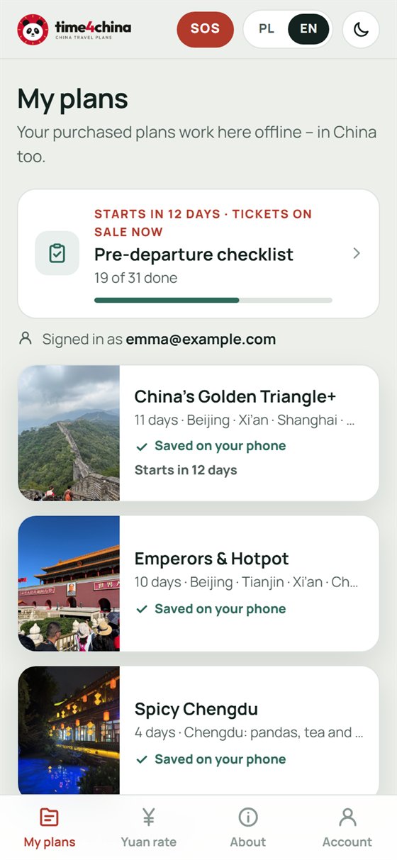 The time4china app: purchased plans saved on the phone and the pre-departure checklist with progress