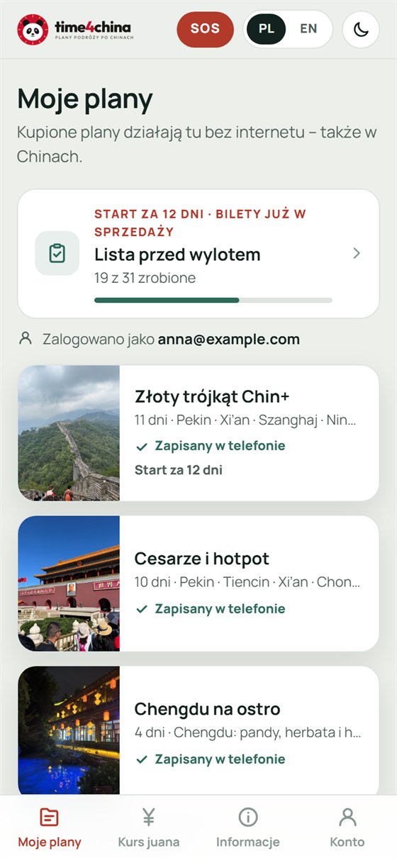 Aplikacja time4china: kupione plany zapisane w telefonie i lista przed wylotem z postępem odhaczania