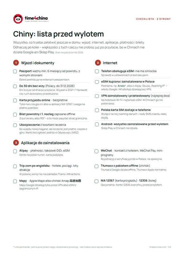 Pierwsza strona checklisty „Chiny: lista przed wylotem”