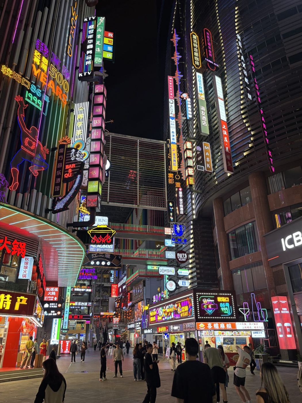 Neon signs on a street in Chongqing's Jiaochangkou district at night