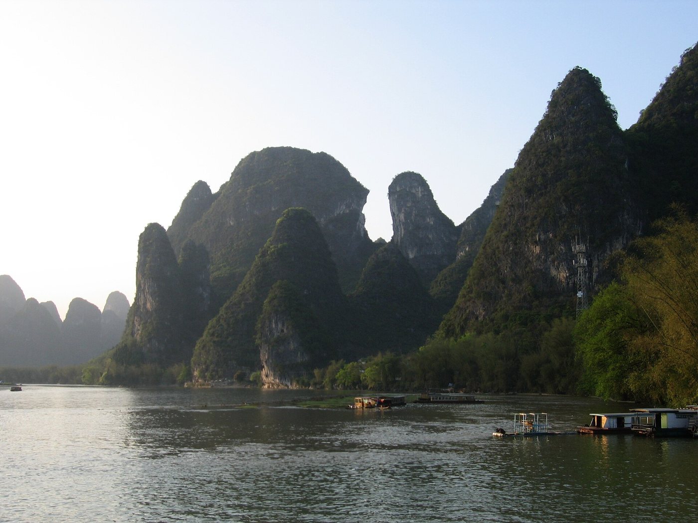 The Li River at Xingping: calm water with green conical karst hills behind