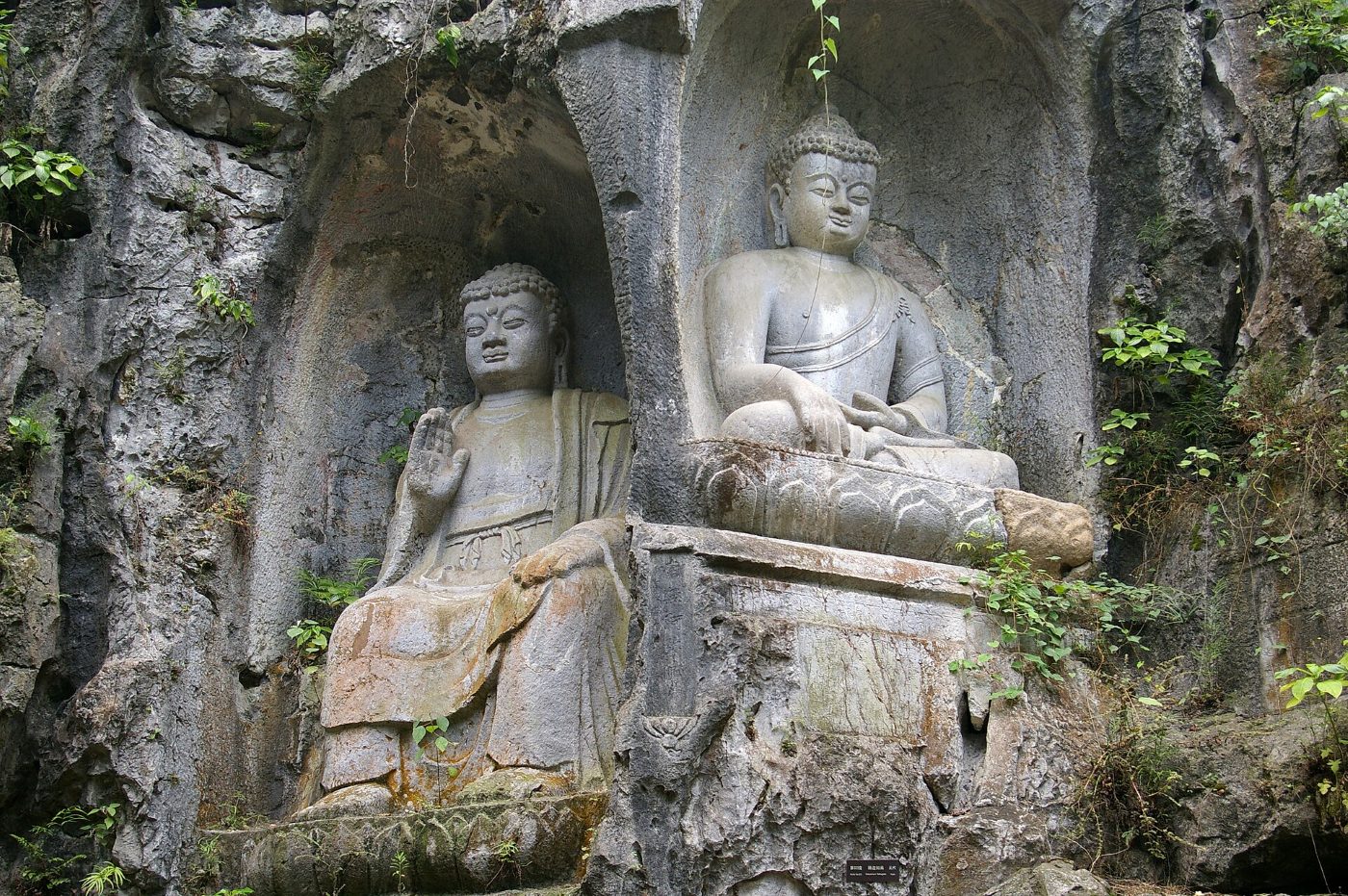 Two Buddha statues carved into rock niches at Feilai Feng, covered in moss and ferns