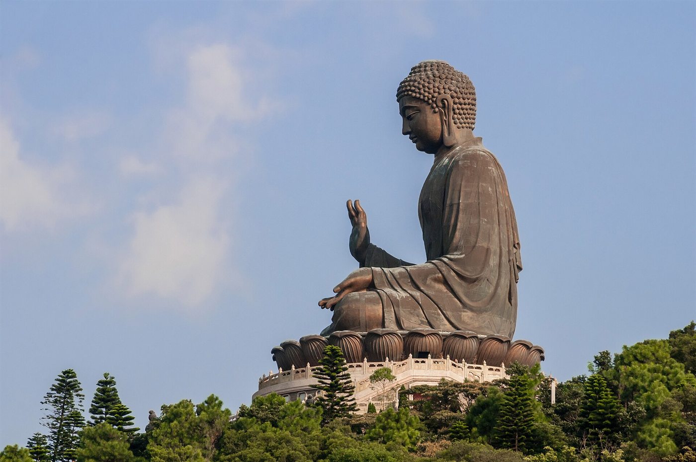 The bronze Tian Tan Buddha on a hilltop on Lantau, with the stairway leading up to it