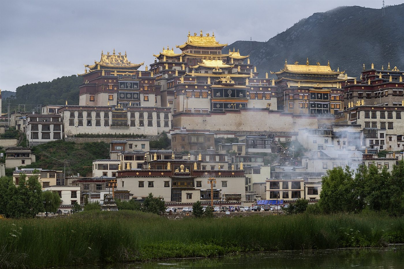 Songzanlin Monastery on a hillside: white buildings with golden roofs, green meadows in front