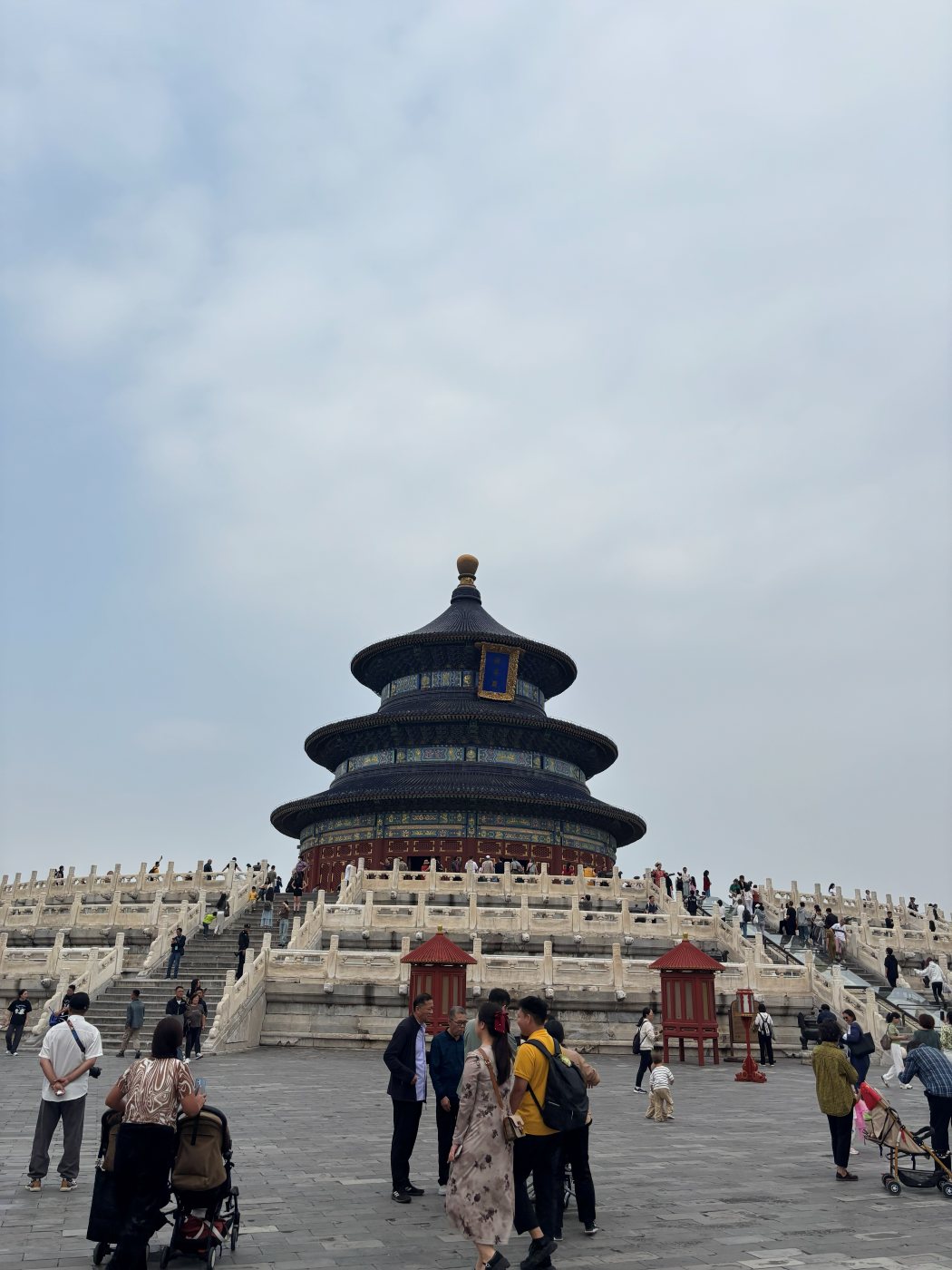 The Temple of Heaven in Beijing: the round Hall of Prayer for Good Harvests with three blue roofs on a marble terrace, visitors in front